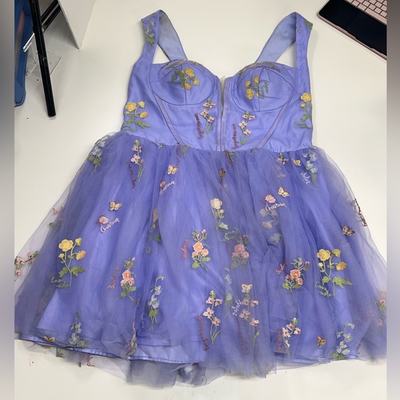 Lavender Blue Floral Embroidery Tulle Formal Dress Mini Length Homecoming 18 - Picture 2 of 13